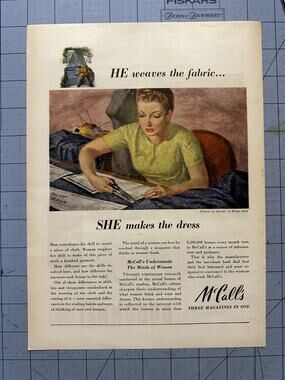 1946 McCall's Magazine Ad He Weaves She Makes Dress